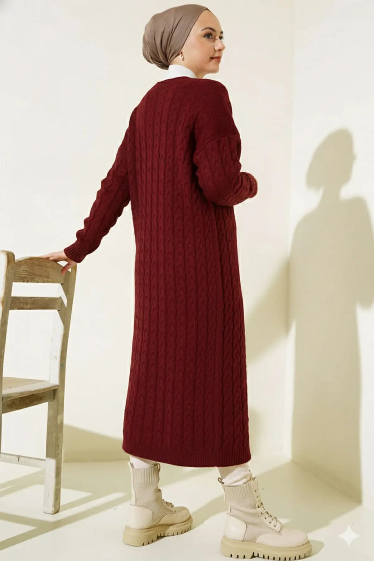 Buttoned Long Knit Cardigan | Claret Red – NEOMODEST product image 3