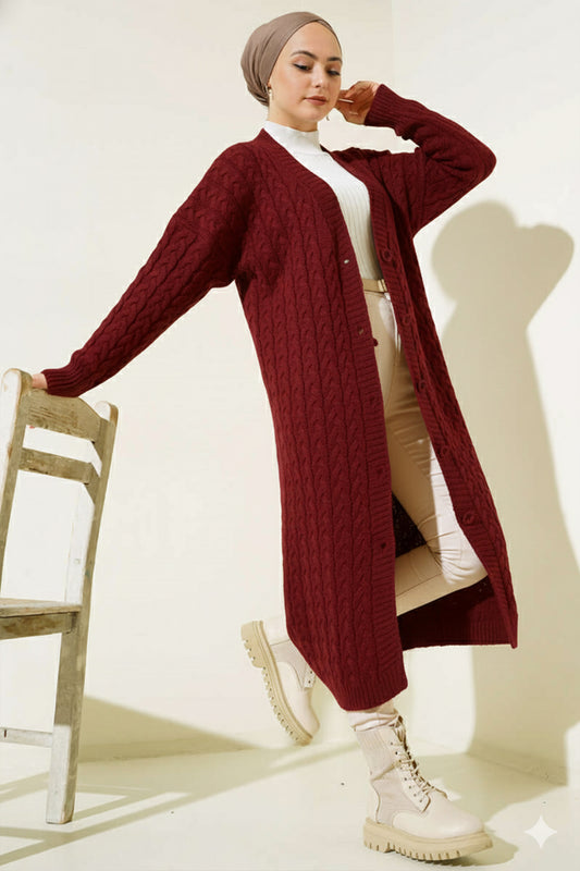 Buttoned Long Knit Cardigan | Claret Red – NEOMODEST product image 1