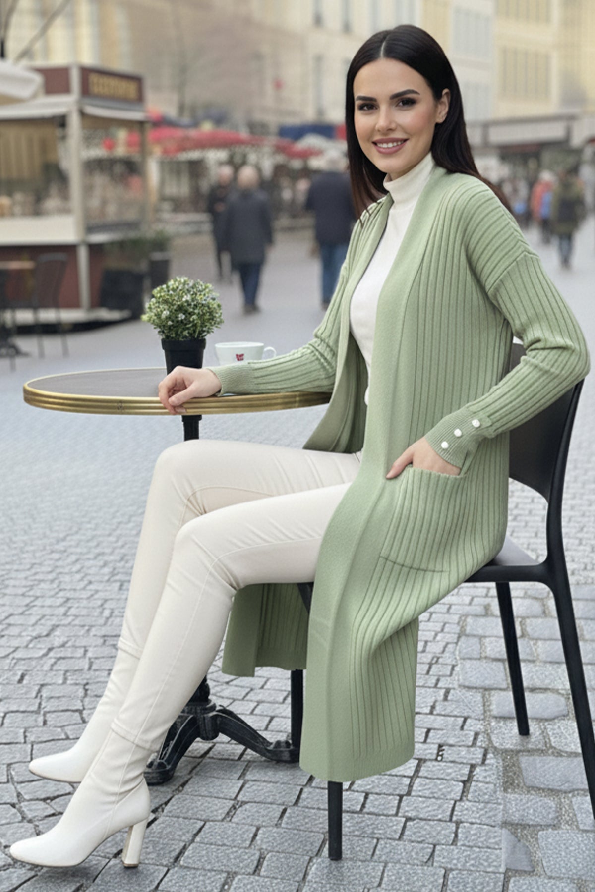 Buttoned Sleeve Ribbed Knit Cardigan | Mint – NEOMODEST product image 1