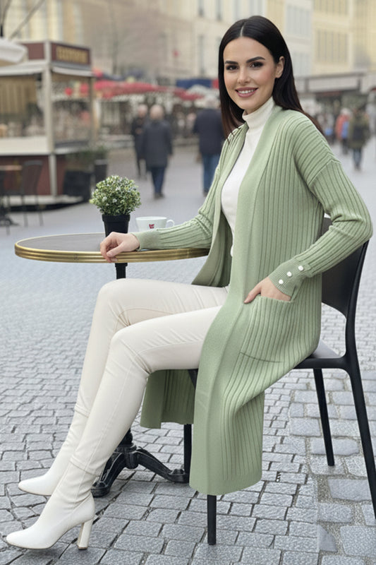 Buttoned Sleeve Ribbed Knit Cardigan | Mint – NEOMODEST product image 1