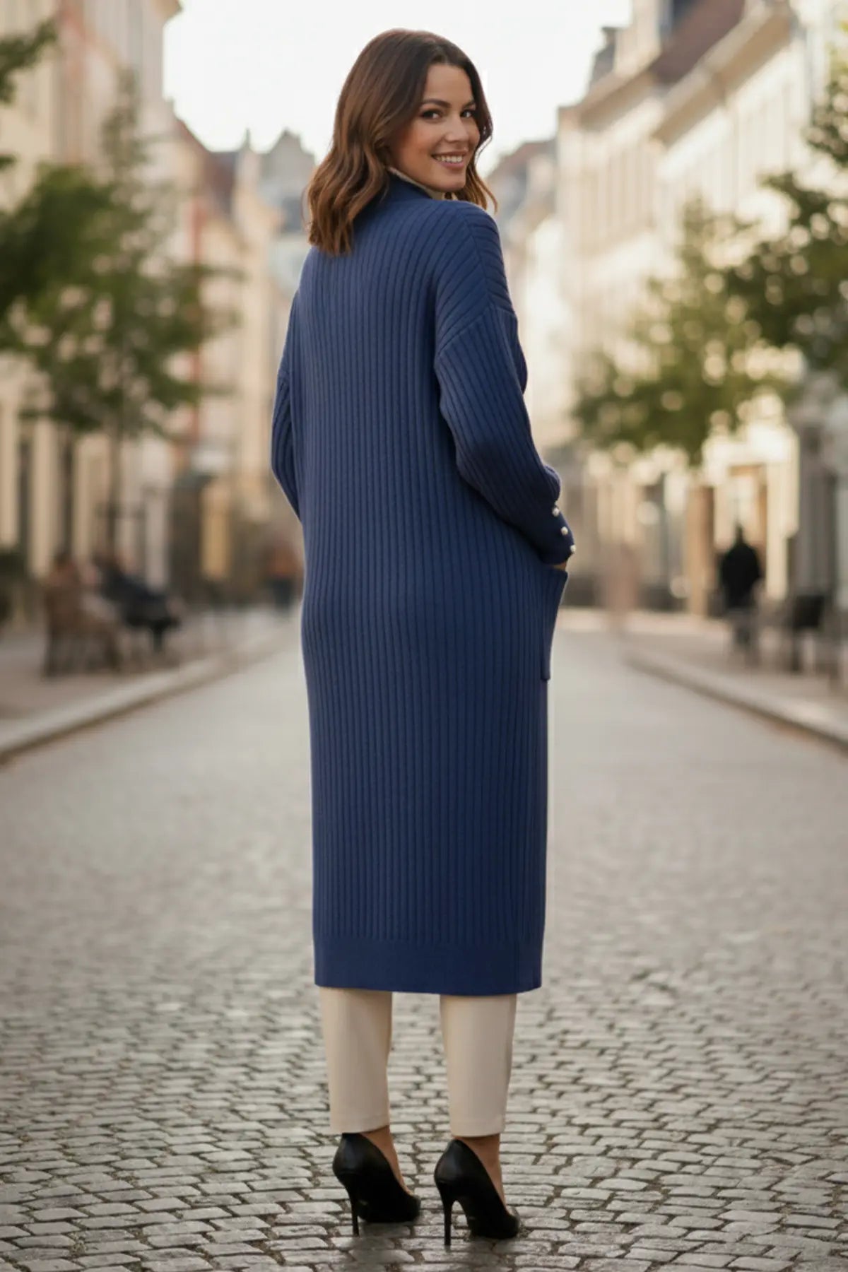 Buttoned Sleeve Ribbed Knit Cardigan | Indigo – NEOMODEST product image 3
