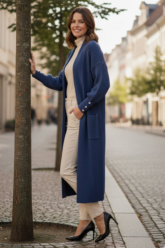 Buttoned Sleeve Ribbed Knit Cardigan | Indigo – NEOMODEST product image 1