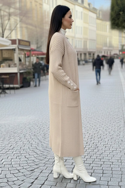 Buttoned Sleeve Ribbed Knit Cardigan | Beige – NEOMODEST product image 3