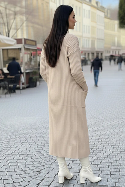 Buttoned Sleeve Ribbed Knit Cardigan | Beige – NEOMODEST product image 4