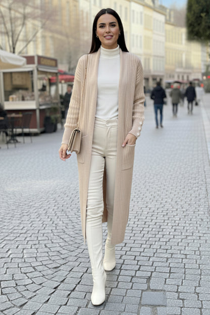 Buttoned Sleeve Ribbed Knit Cardigan | Beige – NEOMODEST product image 1