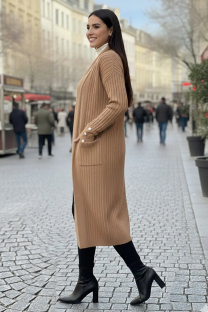 Buttoned Sleeve Ribbed Knit Cardigan | Camel – NEOMODEST product image 2