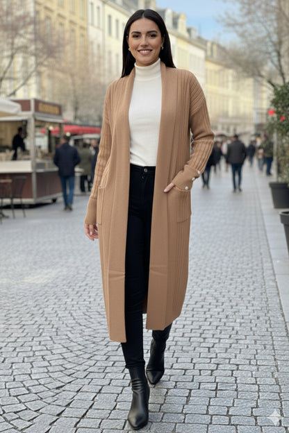 Buttoned Sleeve Ribbed Knit Cardigan | Camel – NEOMODEST product image 1