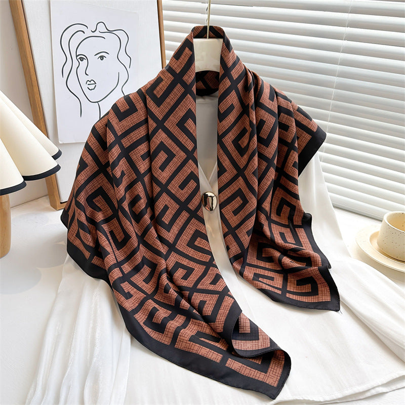 Women's Premium Twill Silk Scarf, Large Printed 90/90cm Striped Square Scarf