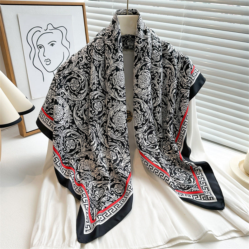 Women's Premium Twill Silk Scarf, Large Printed 90/90cm Striped Square Scarf
