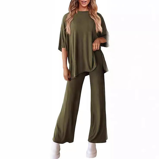Casual Short-sleeved Pullover Top with Wide-leg Pants - 2-pieces set