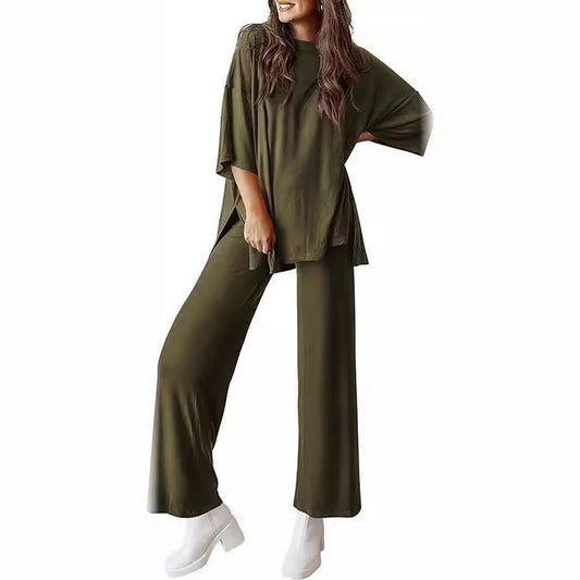 Casual Short-sleeved Pullover Top with Wide-leg Pants - 2-pieces set