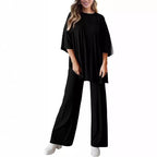 Casual Short-sleeved Pullover Top with Wide-leg Pants - 2-pieces set