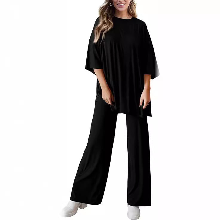 Casual Short-sleeved Pullover Top with Wide-leg Pants - 2-pieces set