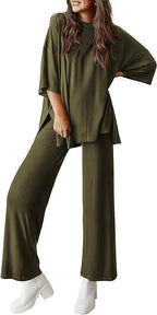 Casual Short-sleeved Pullover Top with Wide-leg Pants - Army Green / L - 2-pieces set