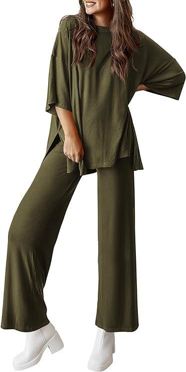 Casual Short-sleeved Pullover Top with Wide-leg Pants - Army Green / L - 2-pieces set