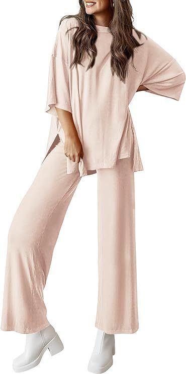Casual Short-sleeved Pullover Top with Wide-leg Pants - Beige / L - 2-pieces set
