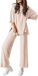 Casual Short-sleeved Pullover Top with Wide-leg Pants - Beige / L - 2-pieces set