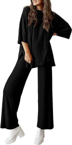 Casual Short-sleeved Pullover Top with Wide-leg Pants - Black / L - 2-pieces set