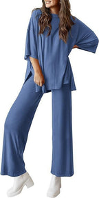 Casual Short-sleeved Pullover Top with Wide-leg Pants - Blue / L - 2-pieces set