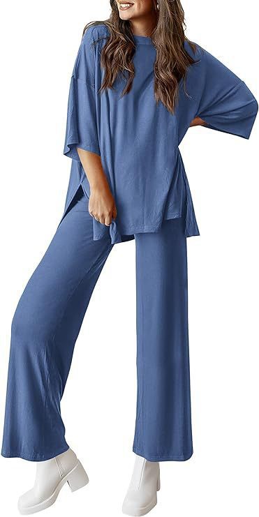 Casual Short-sleeved Pullover Top with Wide-leg Pants - Blue / L - 2-pieces set