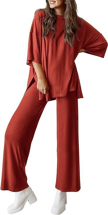 Casual Short-sleeved Pullover Top with Wide-leg Pants - Brick Red / L - 2-pieces set