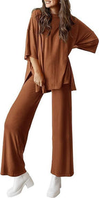 Casual Short-sleeved Pullover Top with Wide-leg Pants - Brown / L - 2-pieces set