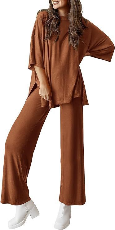Casual Short-sleeved Pullover Top with Wide-leg Pants - Brown / L - 2-pieces set