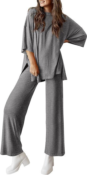 Casual Short-sleeved Pullover Top with Wide-leg Pants - Dark Gray / L - 2-pieces set