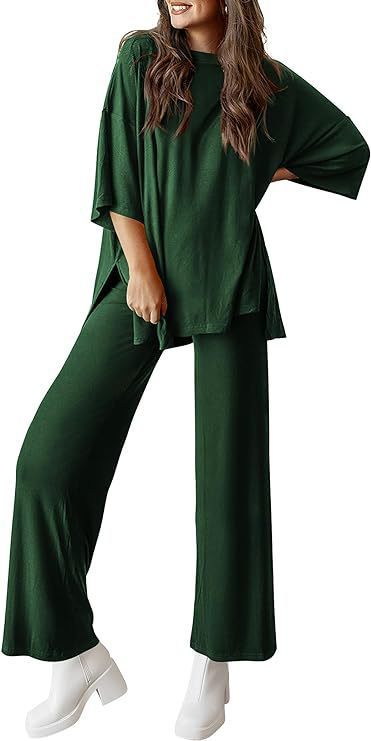 Casual Short-sleeved Pullover Top with Wide-leg Pants - Dark Green / L - 2-pieces set