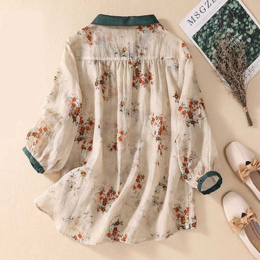 Women's Cotton And Linen Top, Loose Printed Linen Shirt