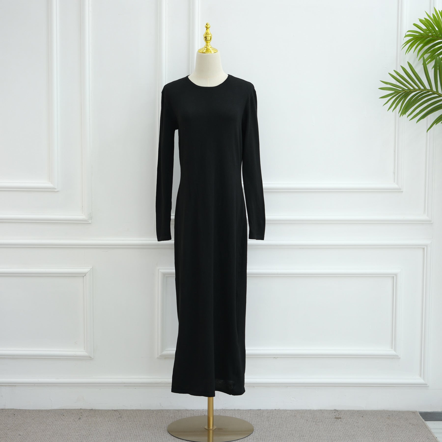 Elegant Hollow-Out Knit Dress - Modest A-Line Long Sleeve