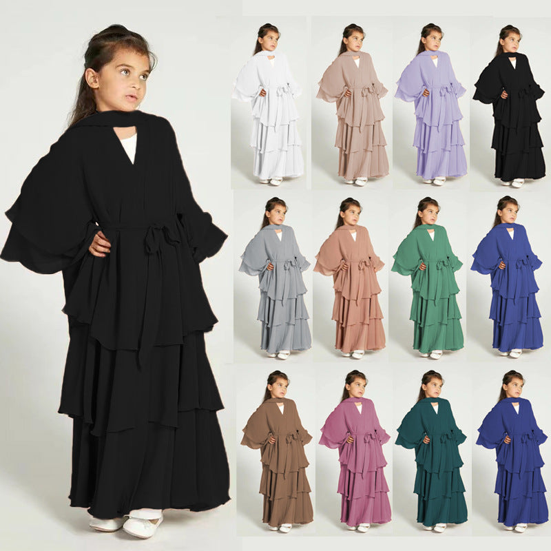 Children’s Elegant Three-layer Chiffon Dress Children’s Hijab Dress Kids’ Modest Clothging - Children’s Hijab Dress