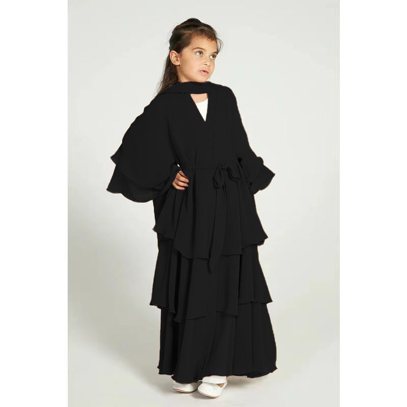 Children’s Elegant Three-layer Chiffon Dress Children’s Hijab Dress Kids’ Modest Clothging - Black / 100 yards (5-6