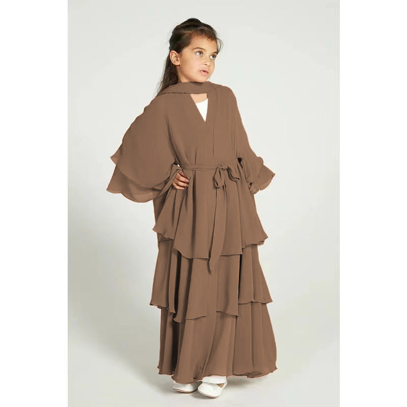 Children’s Elegant Three-layer Chiffon Dress Children’s Hijab Dress Kids’ Modest Clothging - Coffee / 140 yards