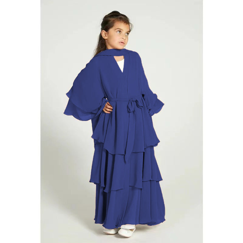 Children’s Elegant Three-layer Chiffon Dress Children’s Hijab Dress Kids’ Modest Clothging - Color blue / 110 yards