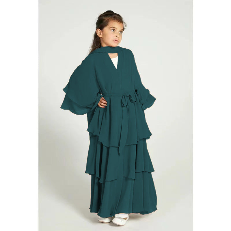 Children’s Elegant Three-layer Chiffon Dress Children’s Hijab Dress Kids’ Modest Clothging - Dark green / 140 yards