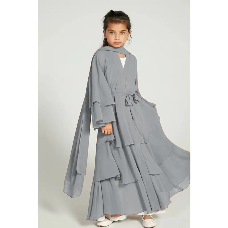 Children’s Elegant Three-layer Chiffon Dress Children’s Hijab Dress Kids’ Modest Clothging - Gray / 100 yards (5-6