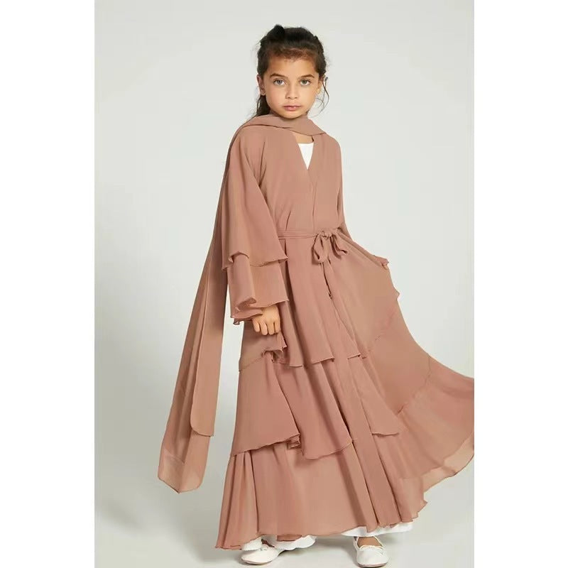 Children’s Elegant Three-layer Chiffon Dress Children’s Hijab Dress Kids’ Modest Clothging - khaki / 110 yards (7-8y)