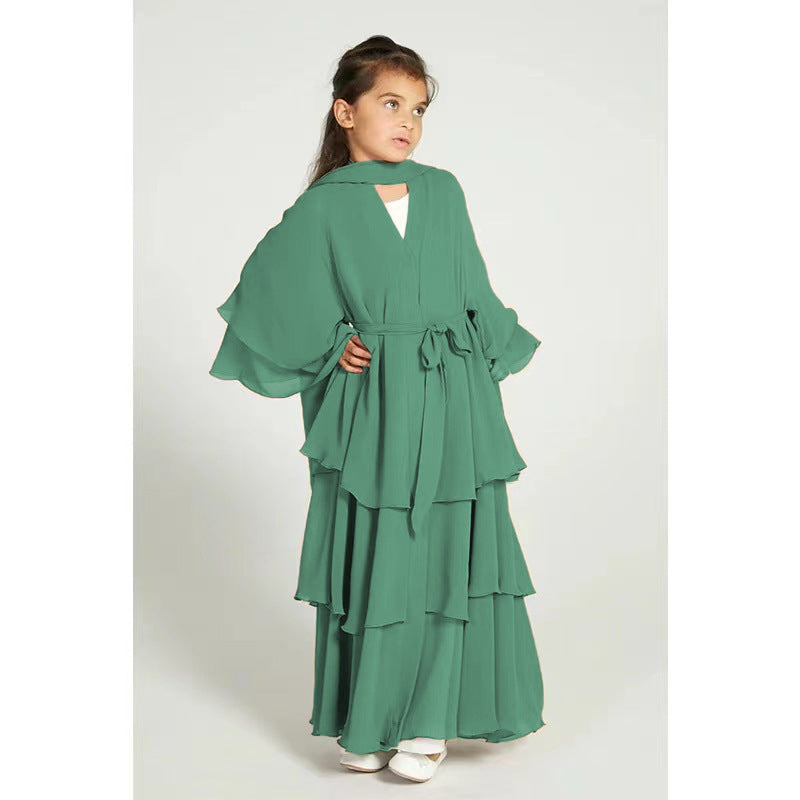 Children’s Elegant Three-layer Chiffon Dress Children’s Hijab Dress Kids’ Modest Clothging - Light Green / 110 yards