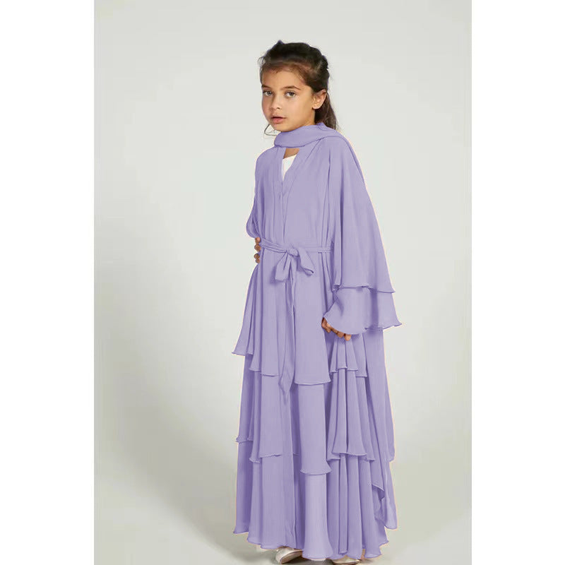Children’s Elegant Three-layer Chiffon Dress Children’s Hijab Dress Kids’ Modest Clothging - light purple / 110 yards