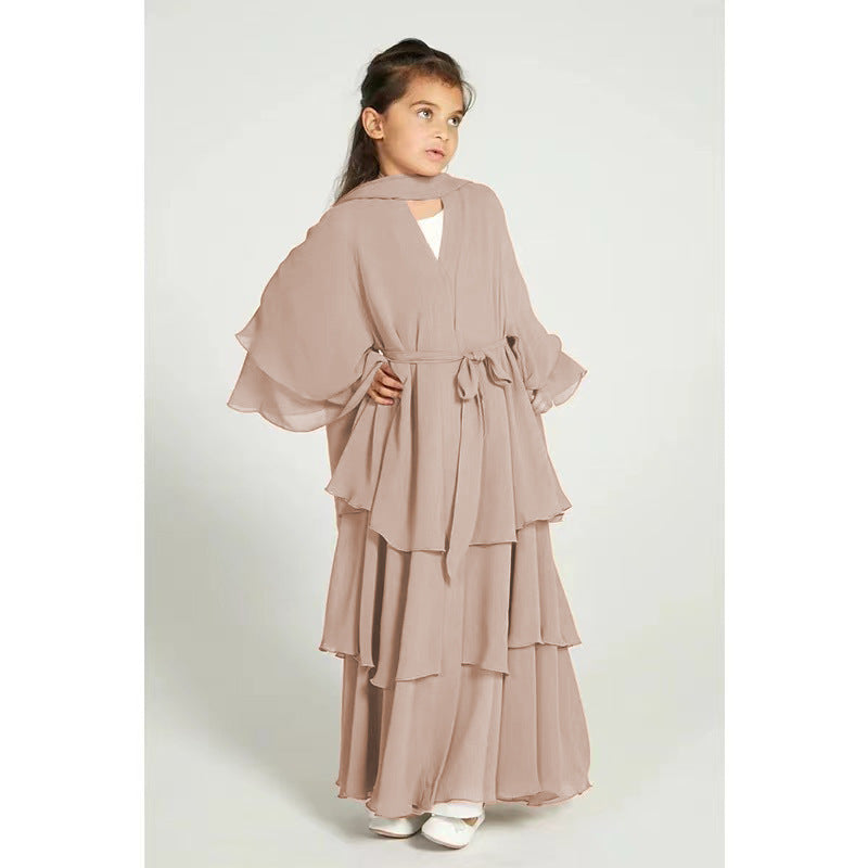 Children’s Elegant Three-layer Chiffon Dress Children’s Hijab Dress Kids’ Modest Clothging - Nude color / 100 yards