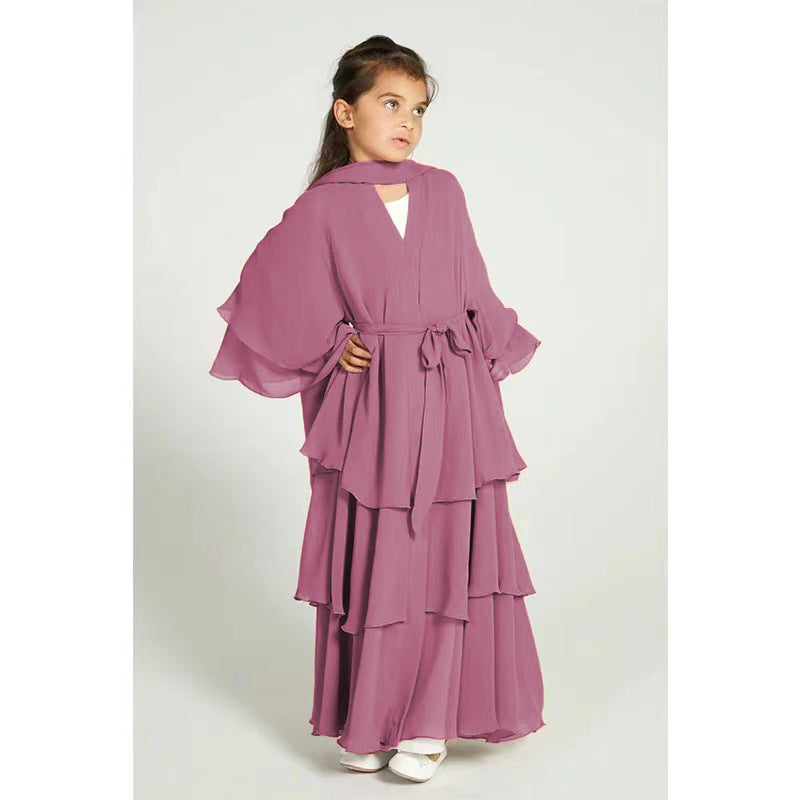 Children’s Elegant Three-layer Chiffon Dress Children’s Hijab Dress Kids’ Modest Clothging - Purple powder / 140 yards