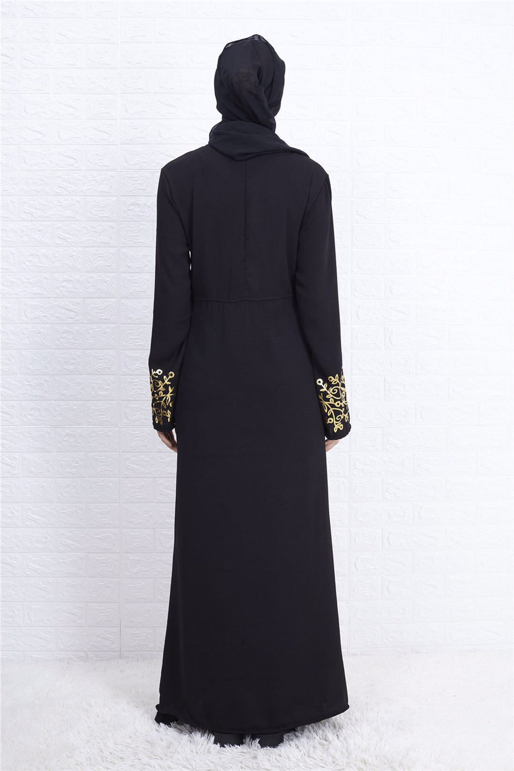 Contrast Colour Slim Fit Gilding Stitching Abaya - Black Ribbon Headscarf / L
