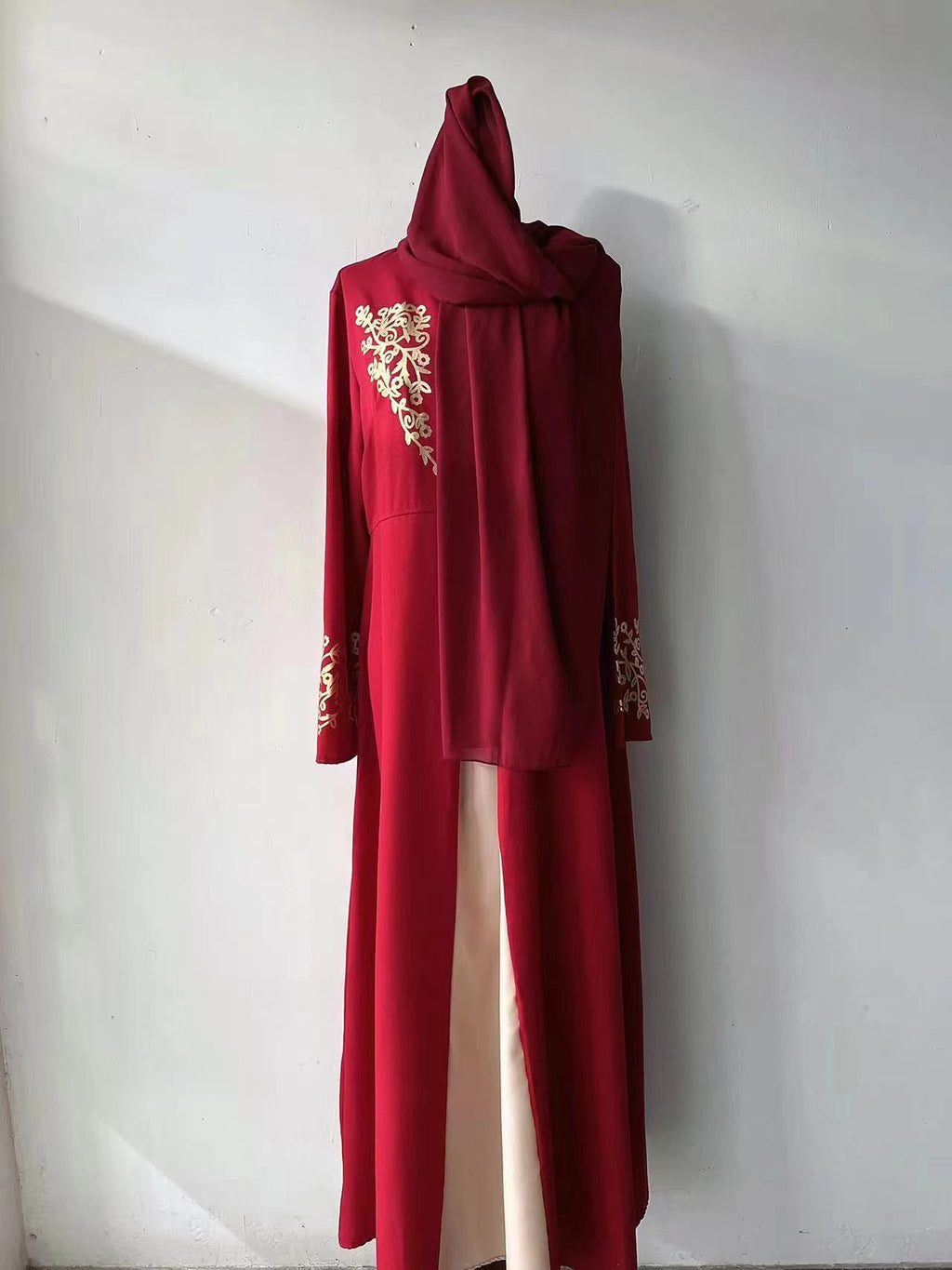 Contrast Colour Slim Fit Gilding Stitching Abaya - Red With Red Headscarf / L