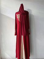 Contrast Colour Slim Fit Gilding Stitching Abaya - Red With Red Headscarf / L