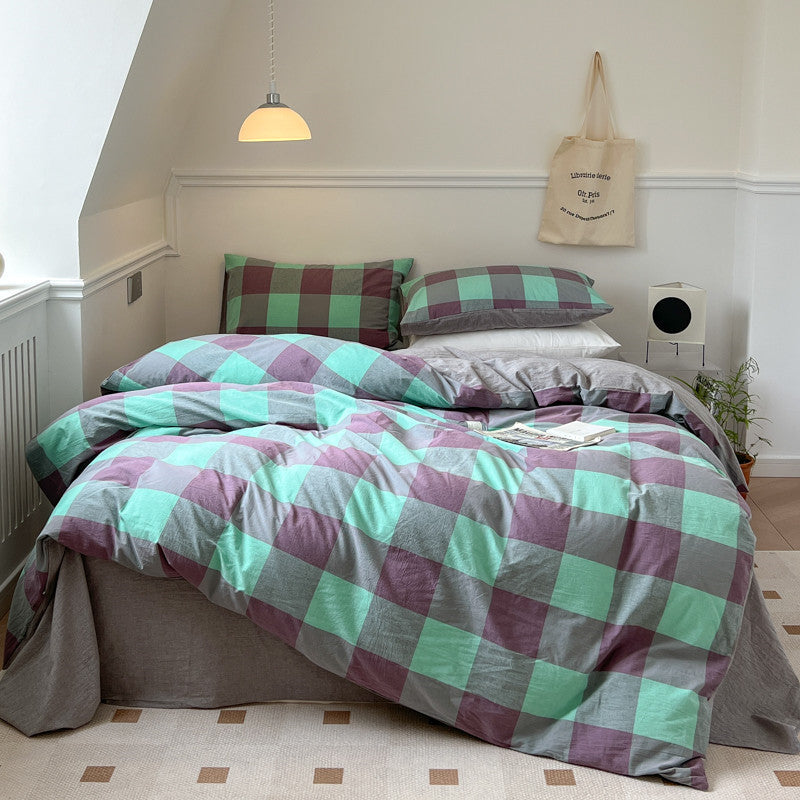 Cotton Washed Premium Cotton Bed Sheets - Green Grey Grid / Bed sheet / 1.2M - Bed sheets