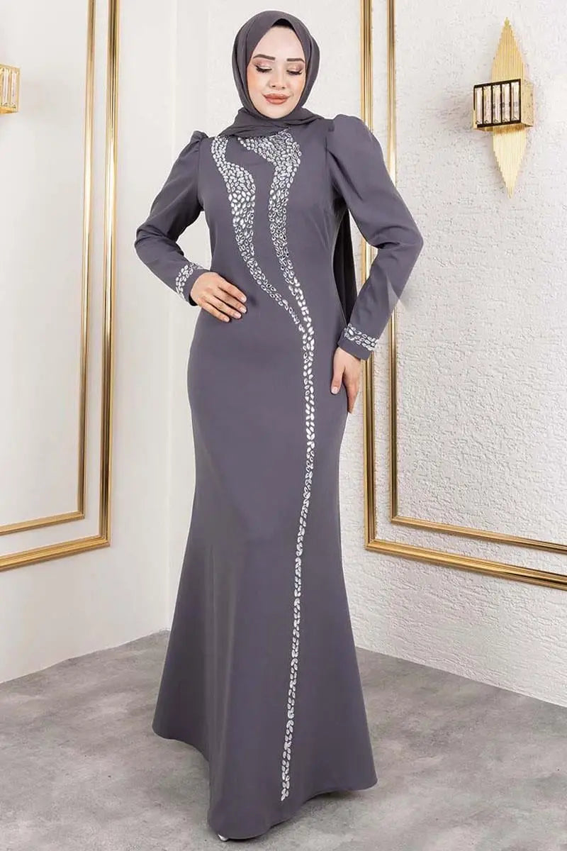 Mec Crepe Evening Dress With Stone Detail On Sleeves And Front