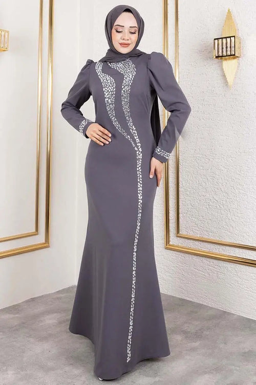 Mec Crepe Evening Dress With Stone Detail On Sleeves And Front