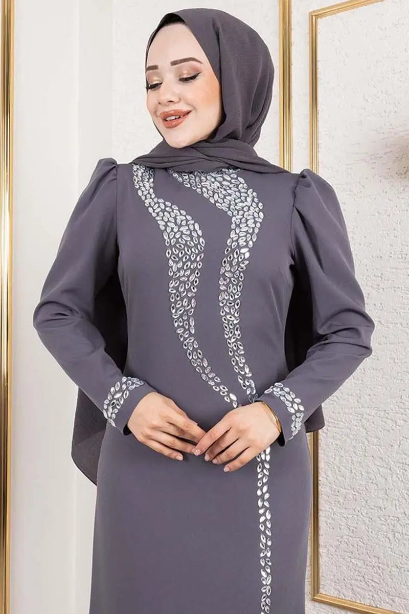 Mec Crepe Evening Dress With Stone Detail On Sleeves And Front