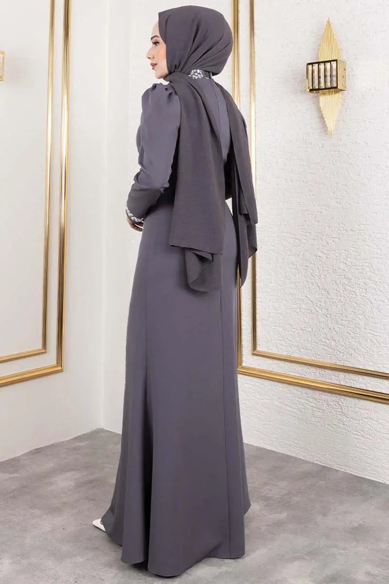 Mec Crepe Evening Dress With Stone Detail On Sleeves And Front
